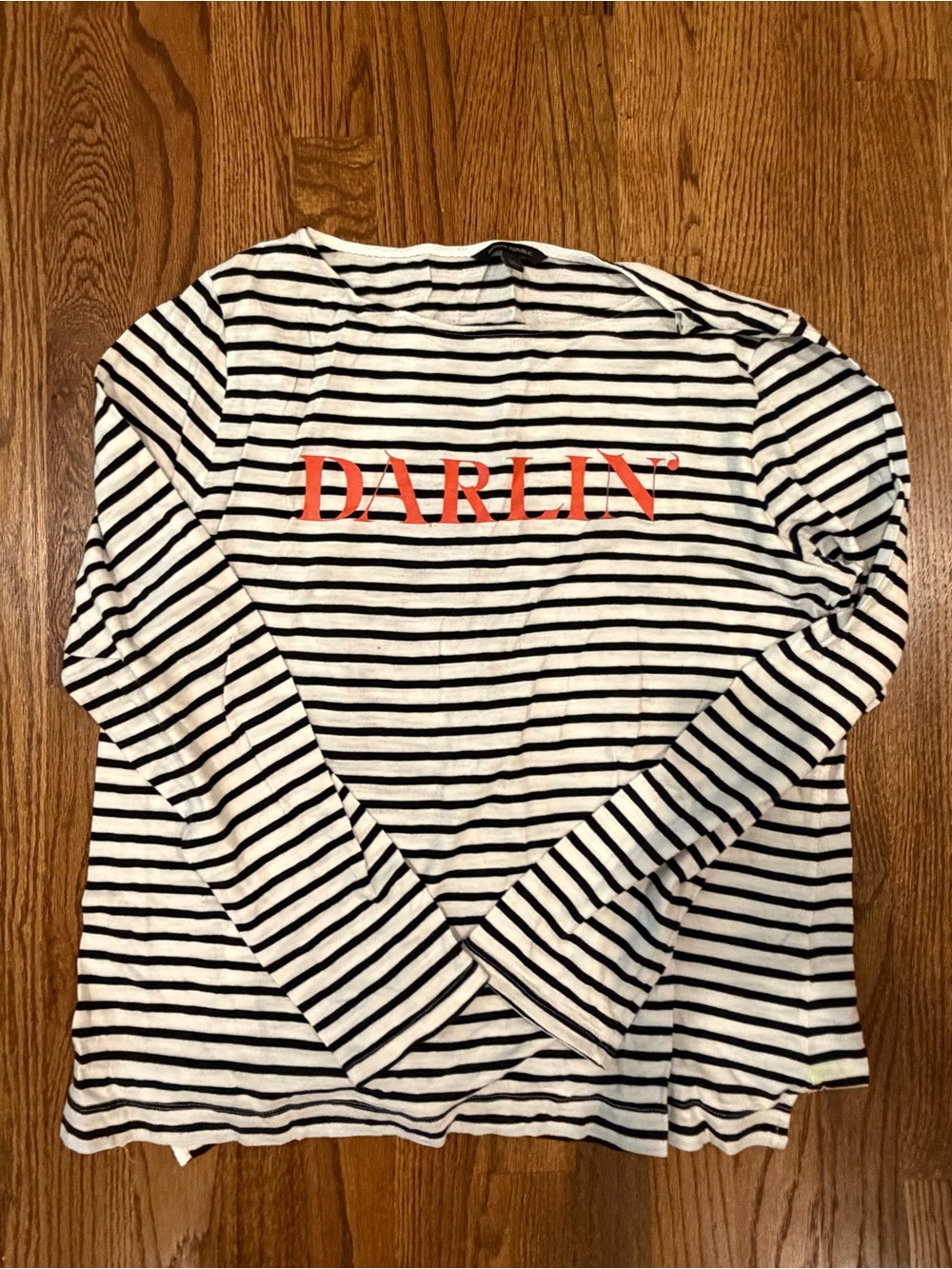 Striped Long-Sleeve Banana Republic Top with 'DARLIN'' Graphic